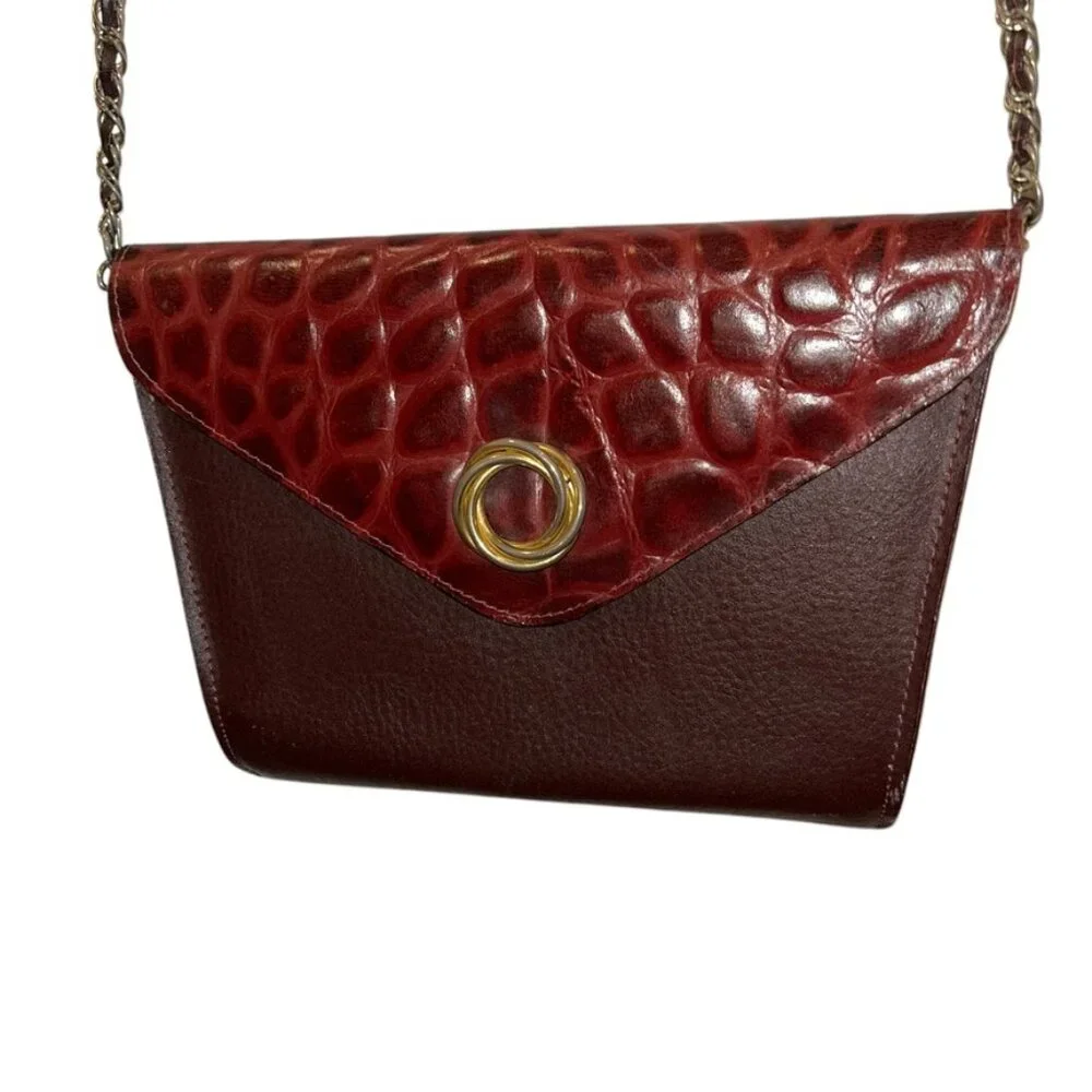Vintage Cordovan Croc imprint gold wreath burgundy genuine leather cross…